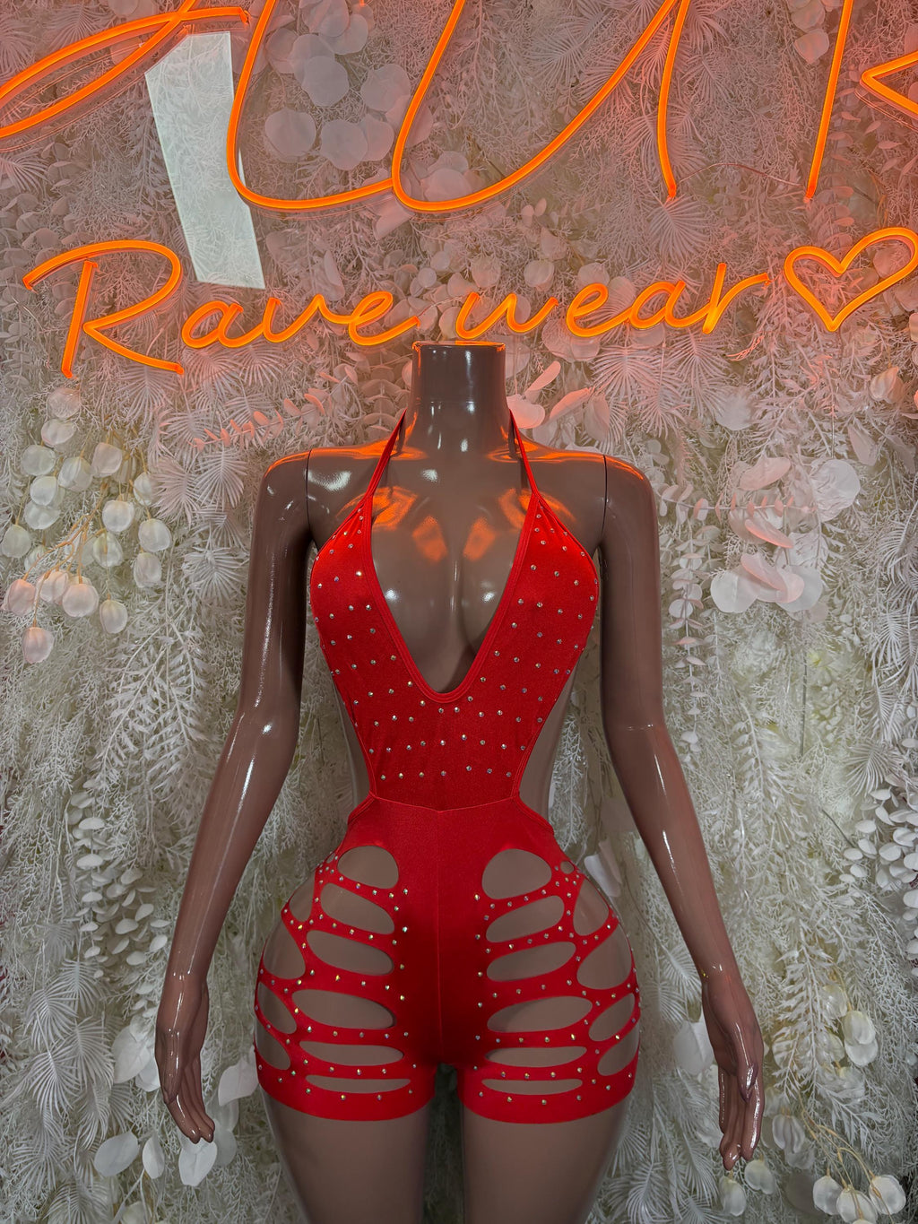 Red rhinestone cut-out bodysuit with V-neck and lattice side cutouts
