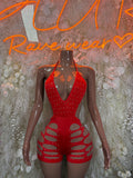 Red rhinestone cut-out bodysuit with V-neck and lattice side cutouts