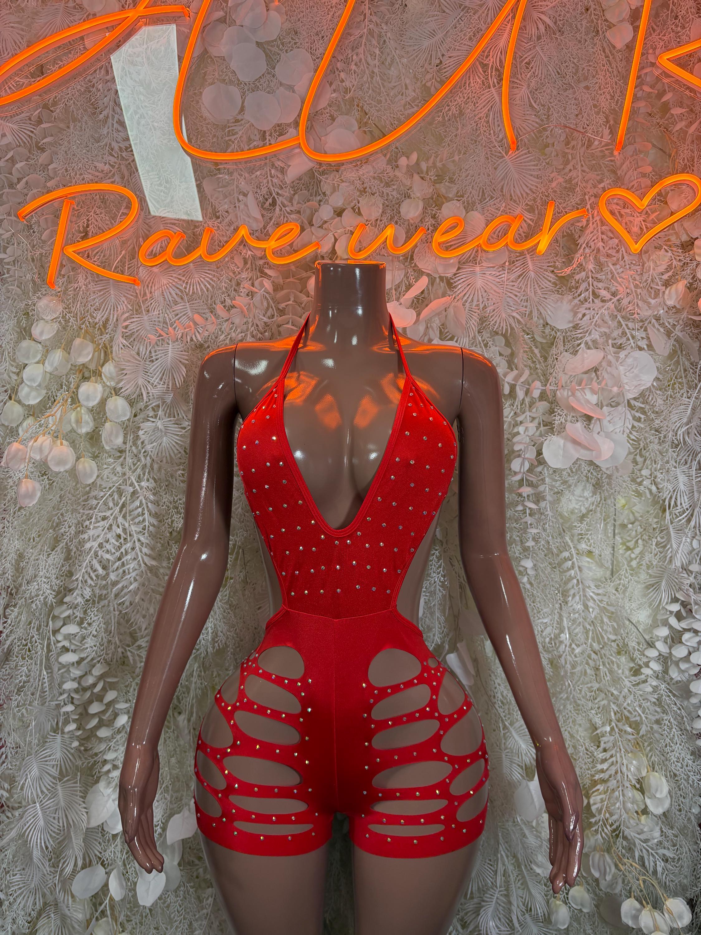 Red rhinestone cut-out bodysuit with V-neck and lattice side cutouts
