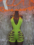 Neon green cutout bodysuit with deep V neckline and lace-up style front
