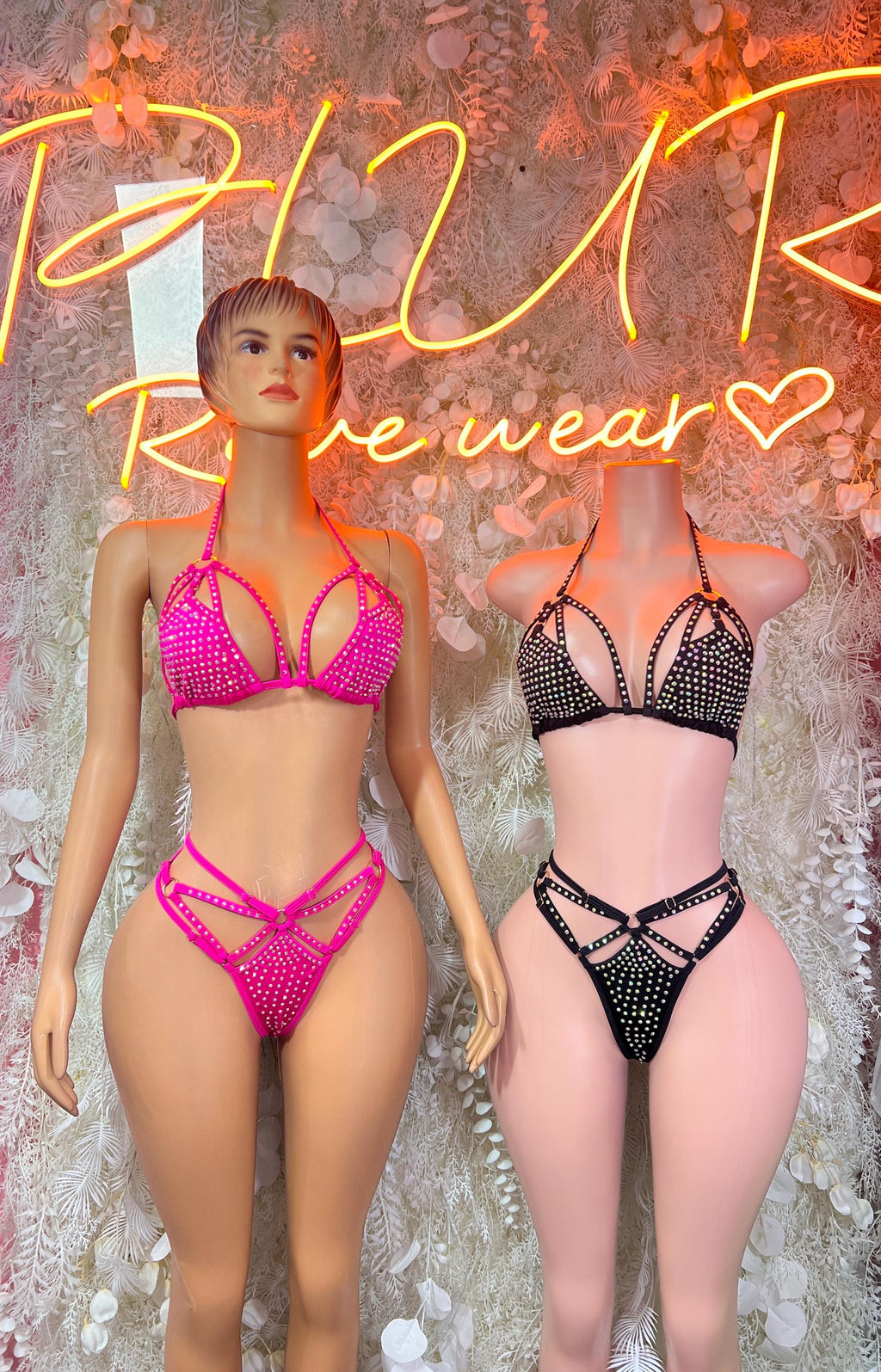 Rhinestone bikini sets in pink and black, triangle bras with matching high-cut bottoms
