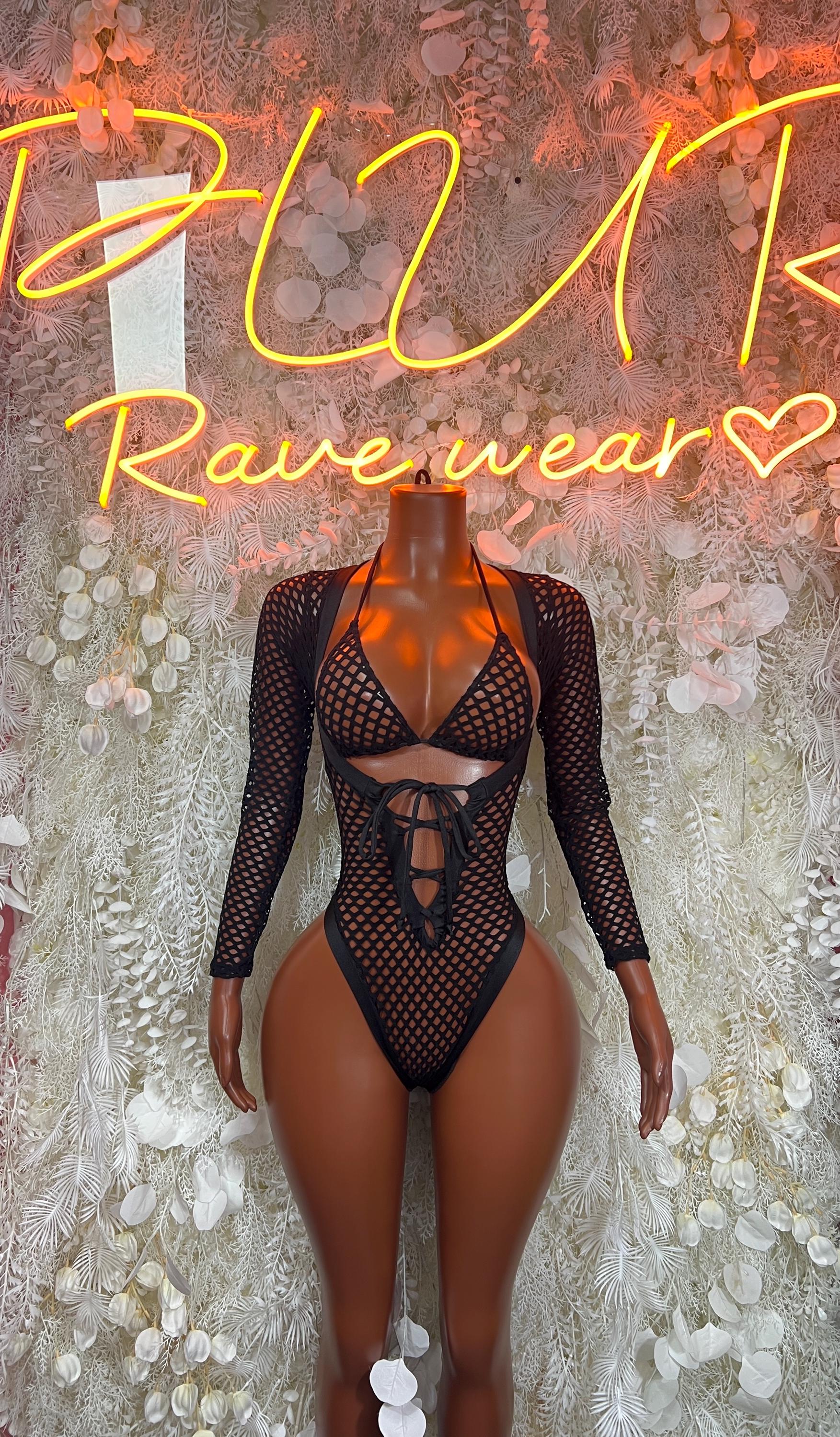 Black fishnet bodysuit with cutout lace-up back and long sleeves