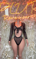 Black fishnet bodysuit, open back with lace-up tie