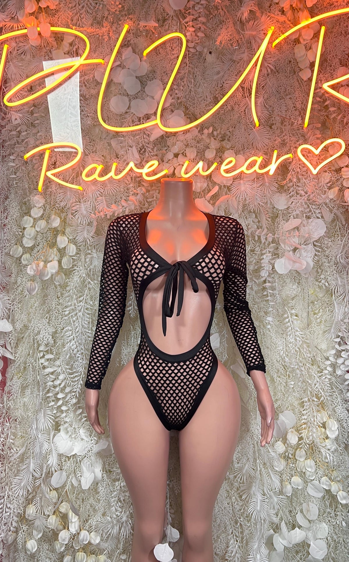 Black fishnet bodysuit, open back with lace-up tie