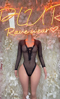 Black fishnet one-piece bodysuit with long sleeves and deep V neckline