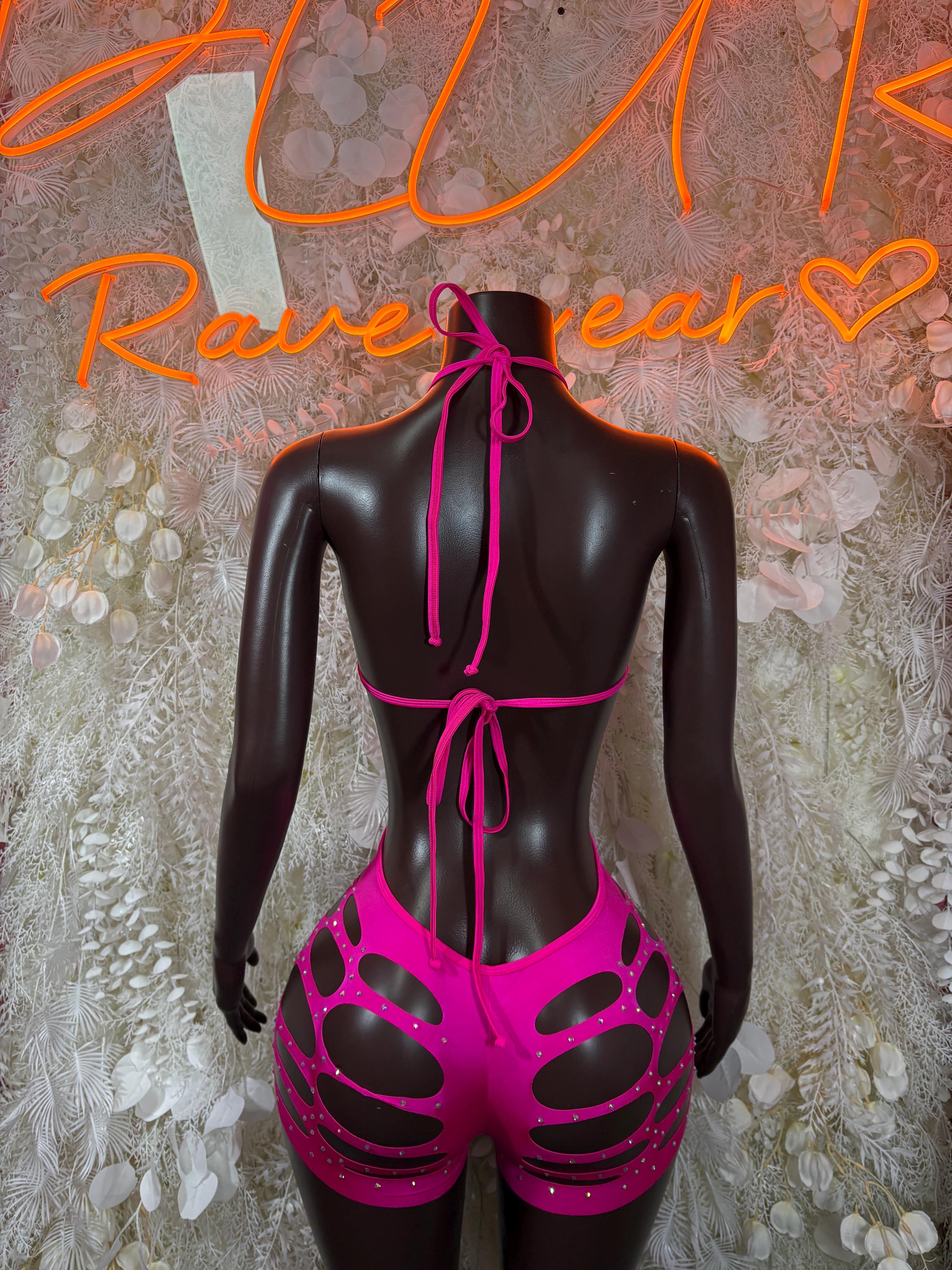 Pink rhinestone cut-out bodysuit with open back and lace-up tie straps