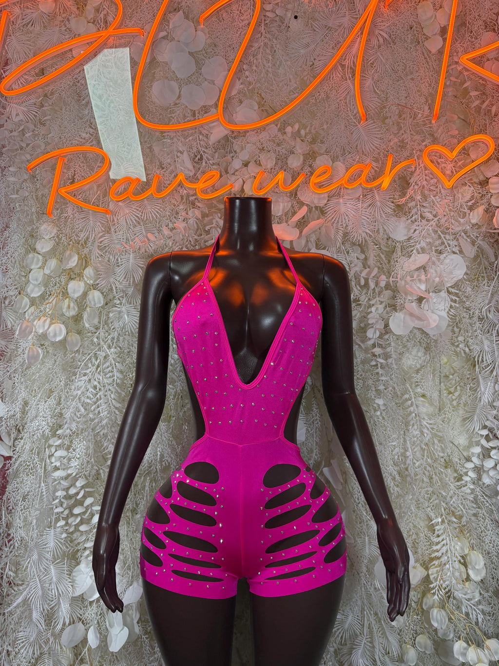 Pink rhinestone cut-out bodysuit with V-neck and front lattice panels