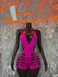 Pink rhinestone cut-out bodysuit with V-neck and front lattice panels