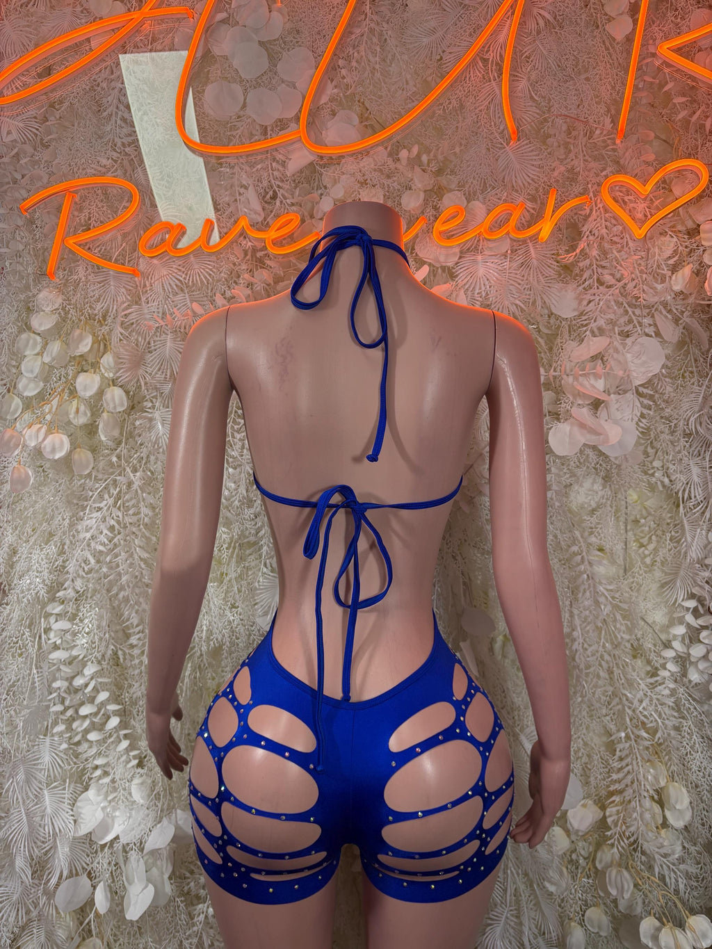 Blue rhinestone cutout bodysuit, open back with crisscross ties