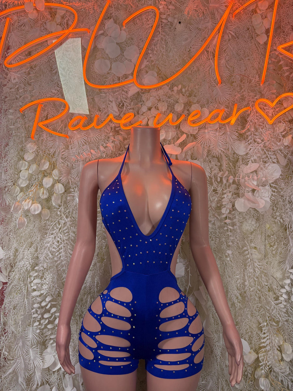 Blue rhinestone cutout bodysuit with deep V neckline and side ladder cutouts