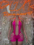 Pink rhinestone cutout bodysuit with strappy hip cutouts and deep V neckline