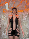 Black rhinestone bodysuit with deep V front and side cutout panels