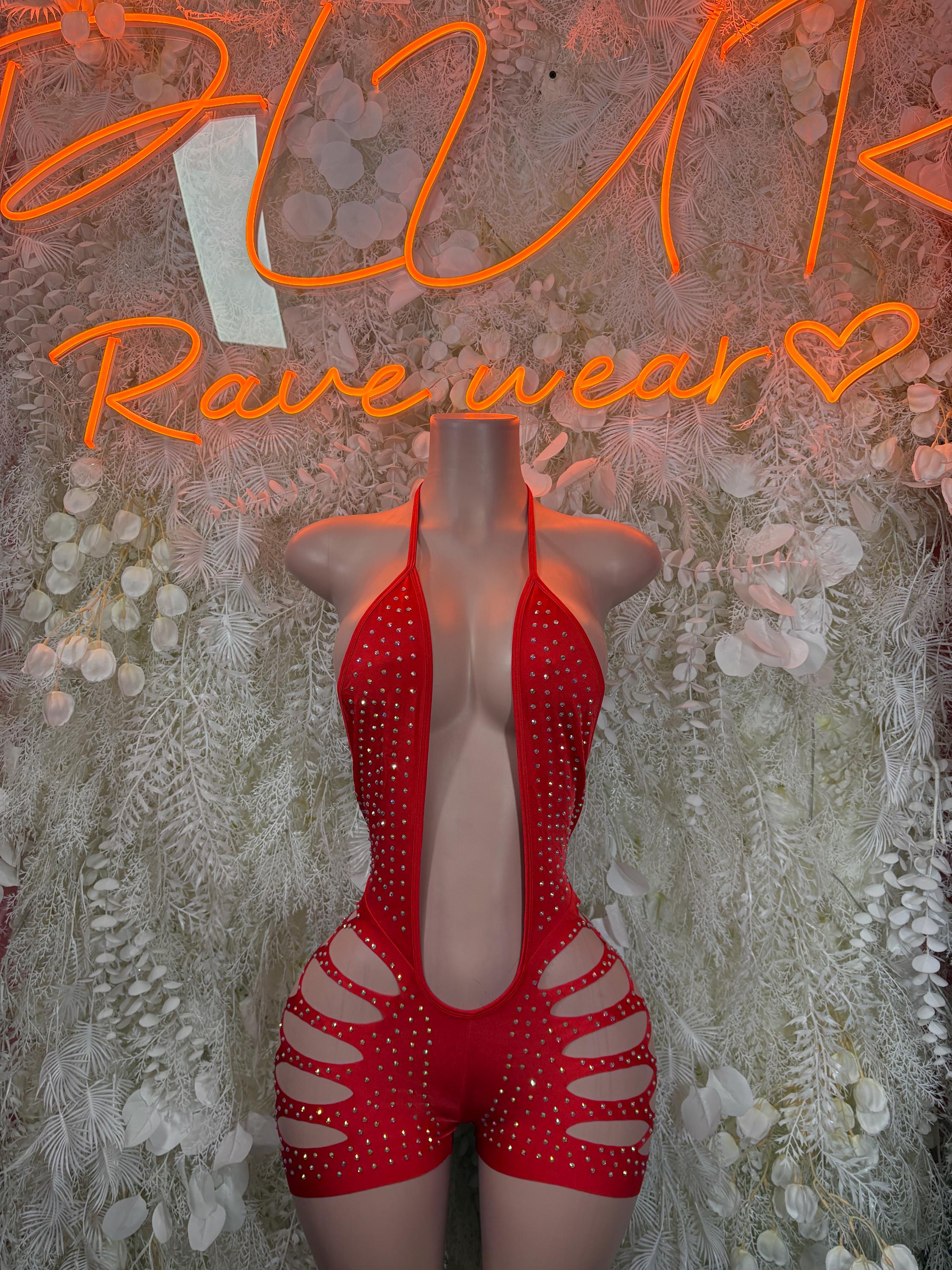 Red rhinestone cutout bodysuit with halter straps and scoop neckline