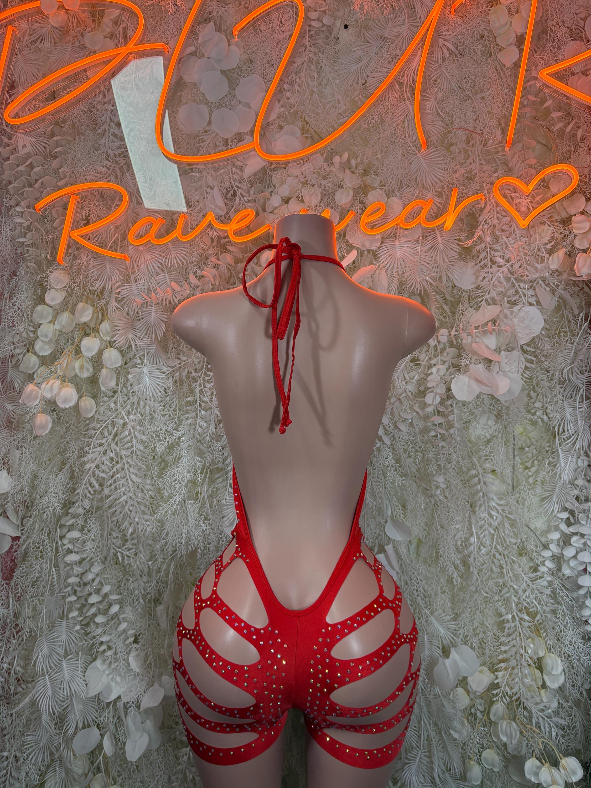 Red rhinestone cutout bodysuit with open back tie straps and high-cut sides