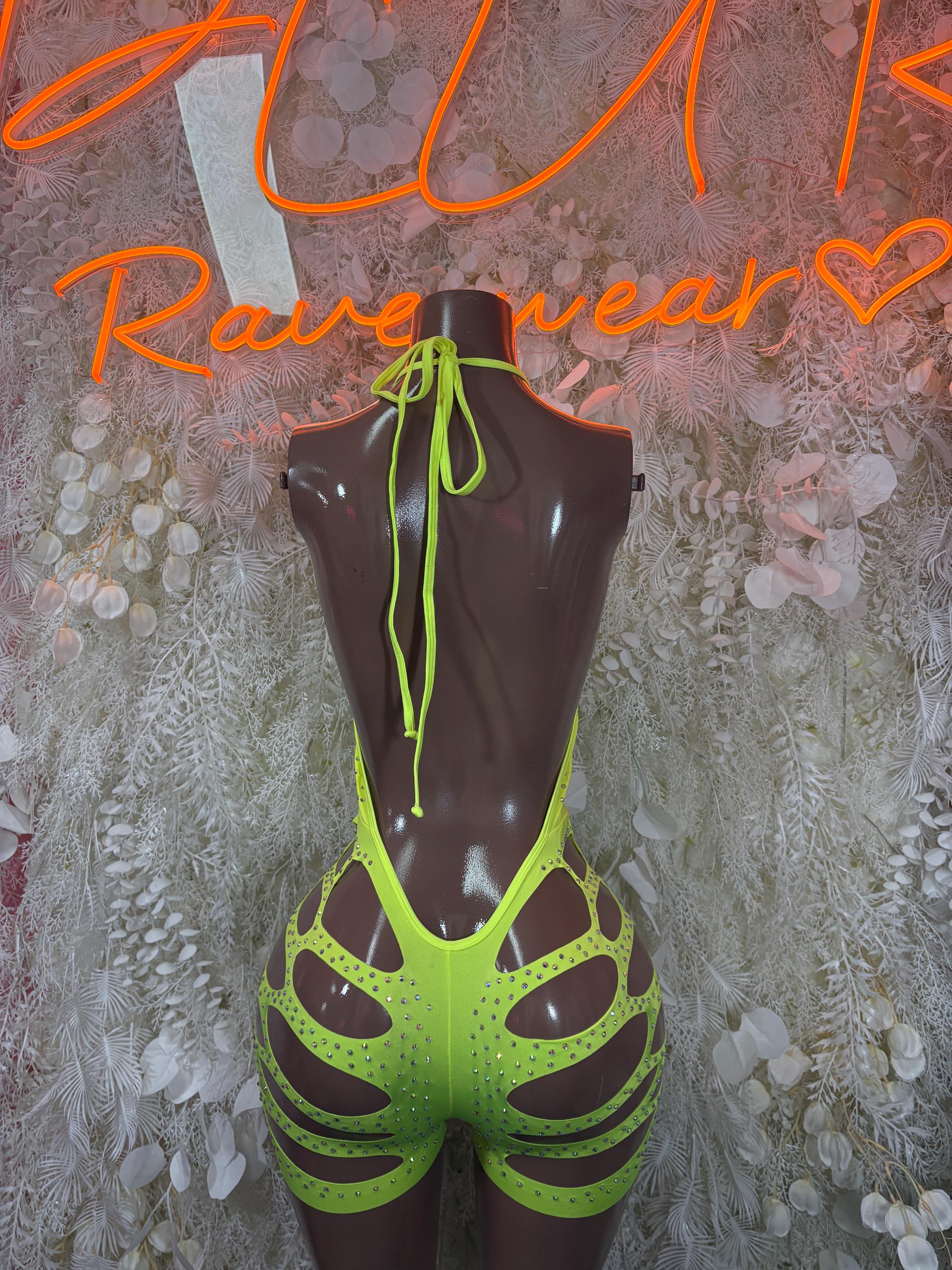 Neon green rhinestone halter bodysuit with crisscross thigh cutouts