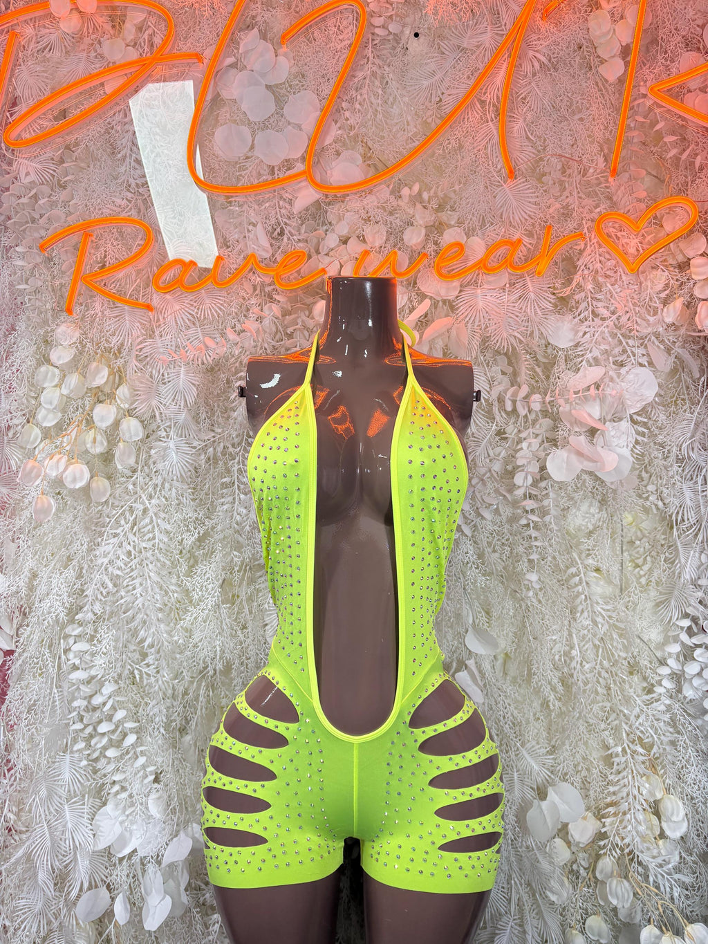 Neon green rhinestone halter bodysuit with side cutouts and thong bottom