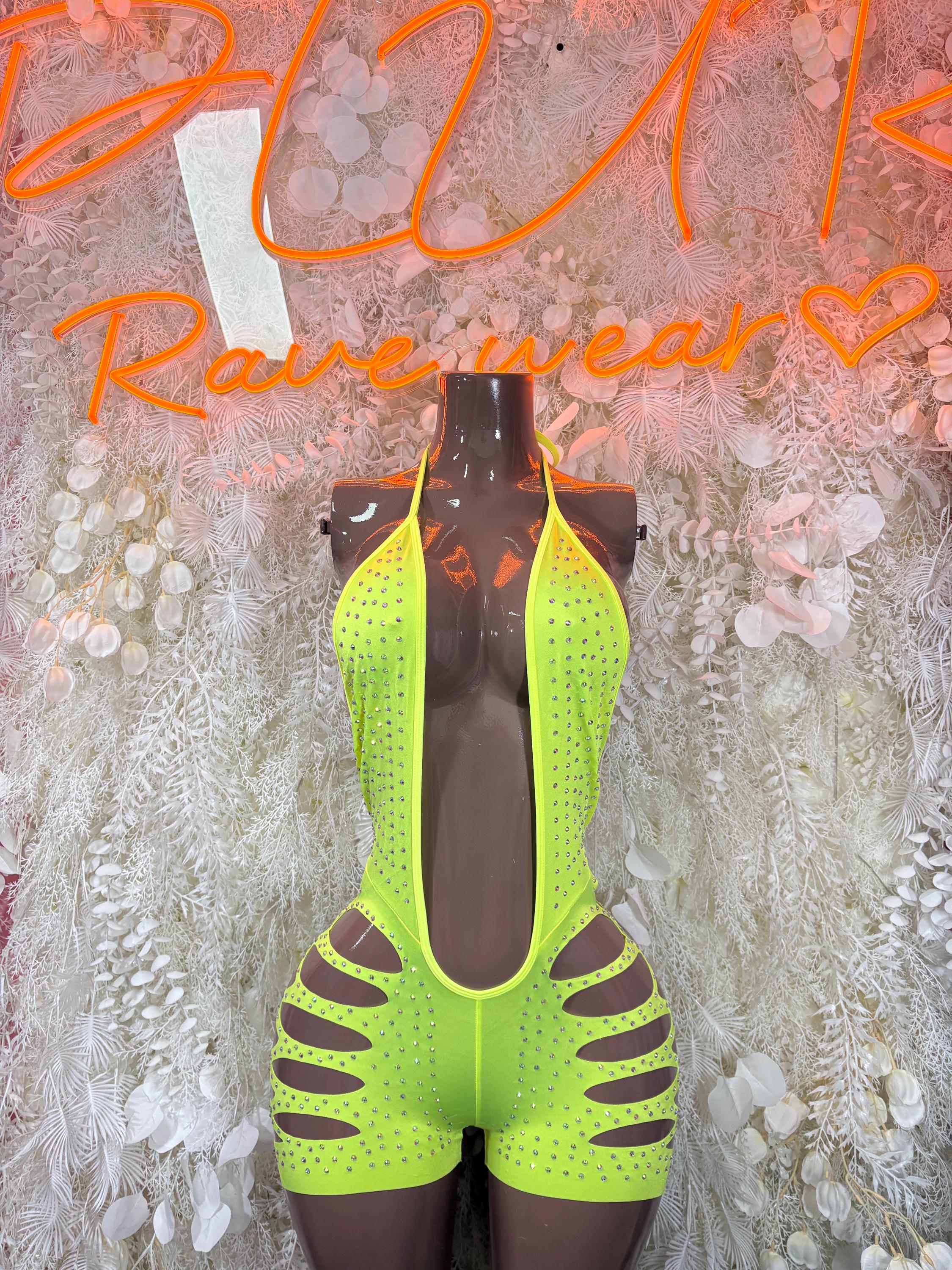 Neon green rhinestone halter bodysuit with side cutouts and thong bottom