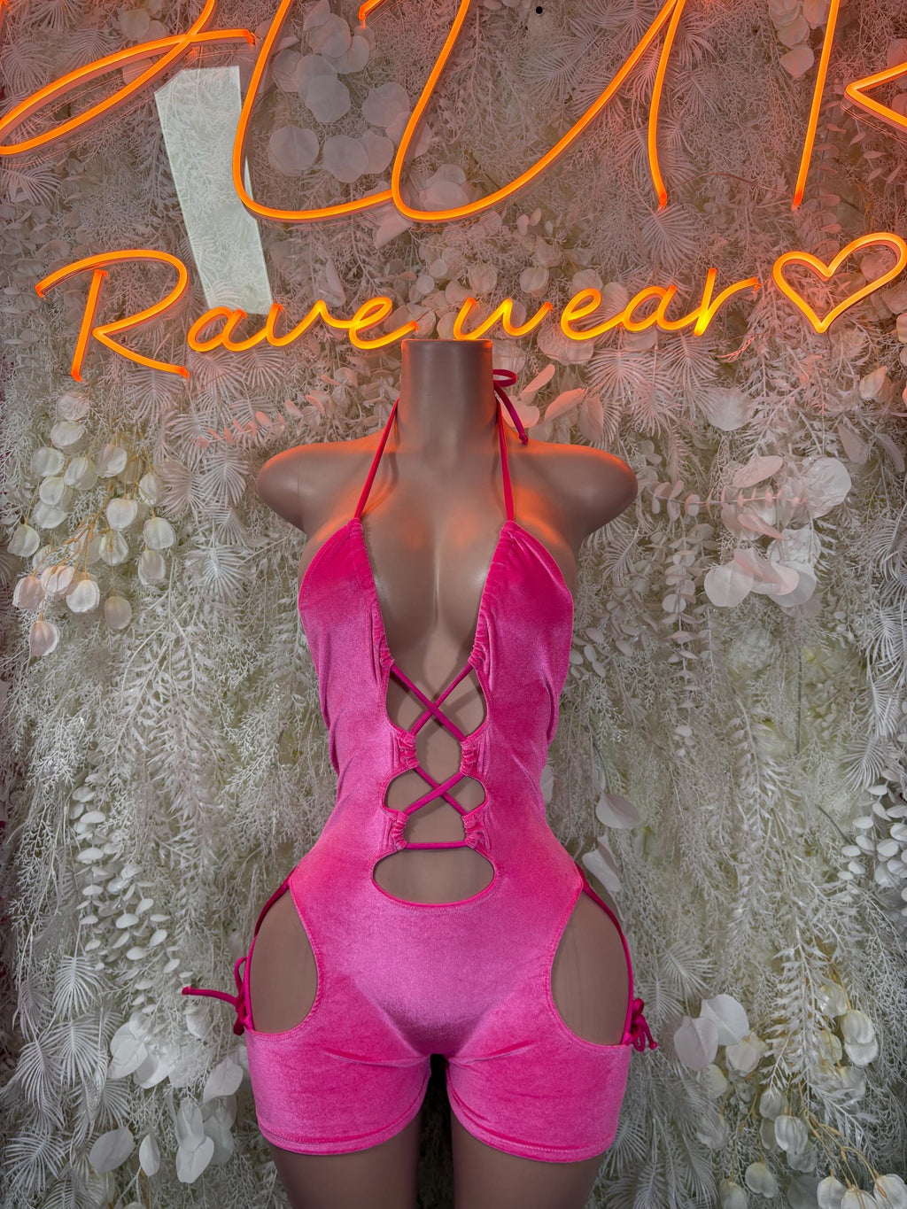 Pink Velvet Bodysuit | Rave Clubwear, Exotic Dance One Piece (Small/Medium)