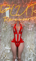 Red rhinestone dance bodysuit with V-neck straps and cutout front