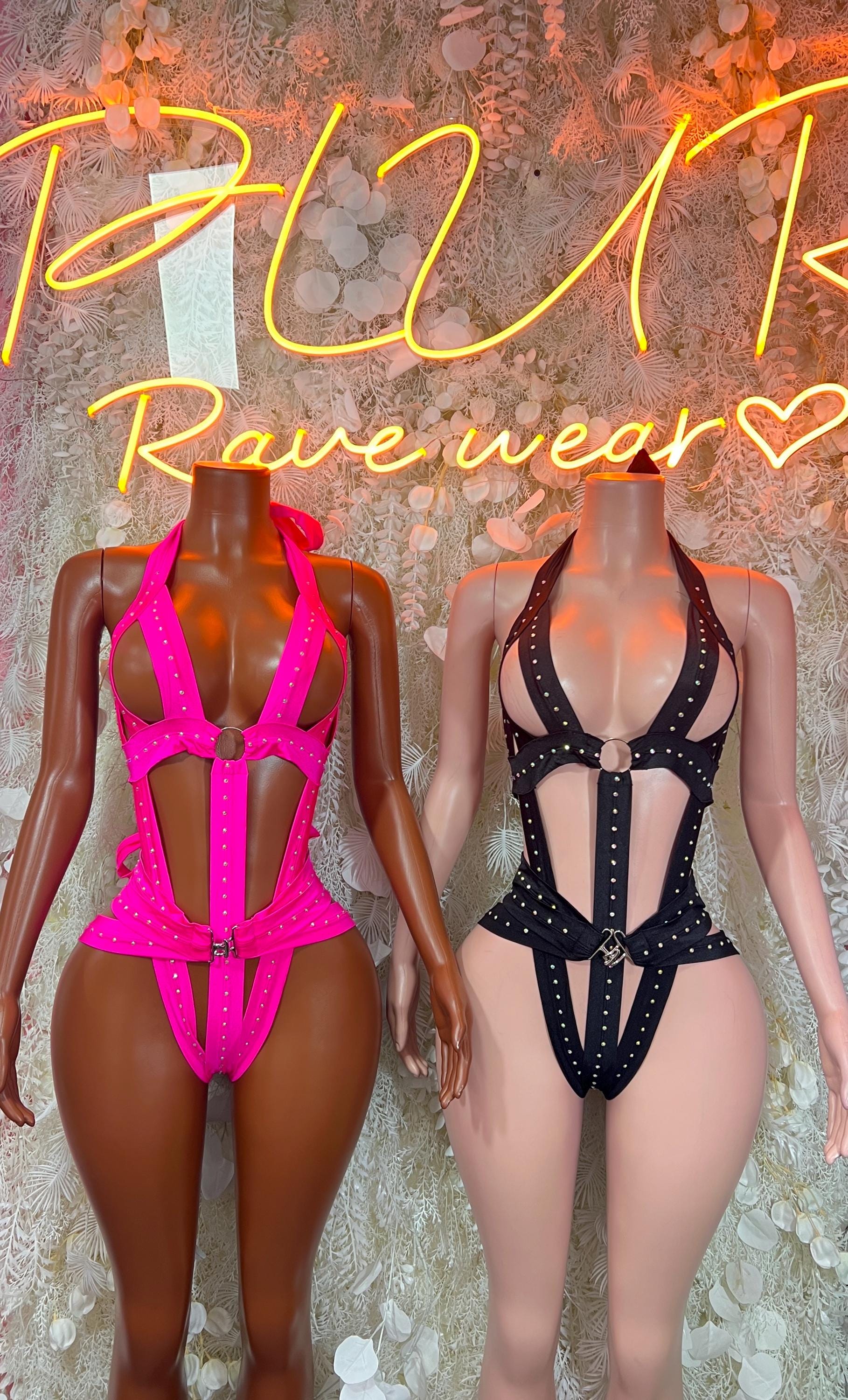 Rhinestone rave bodysuits set: neon pink and dark navy with strappy cutouts