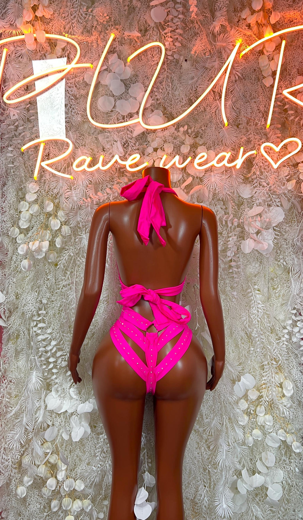 Neon pink rhinestone dance bodysuit, open back with bow tie straps