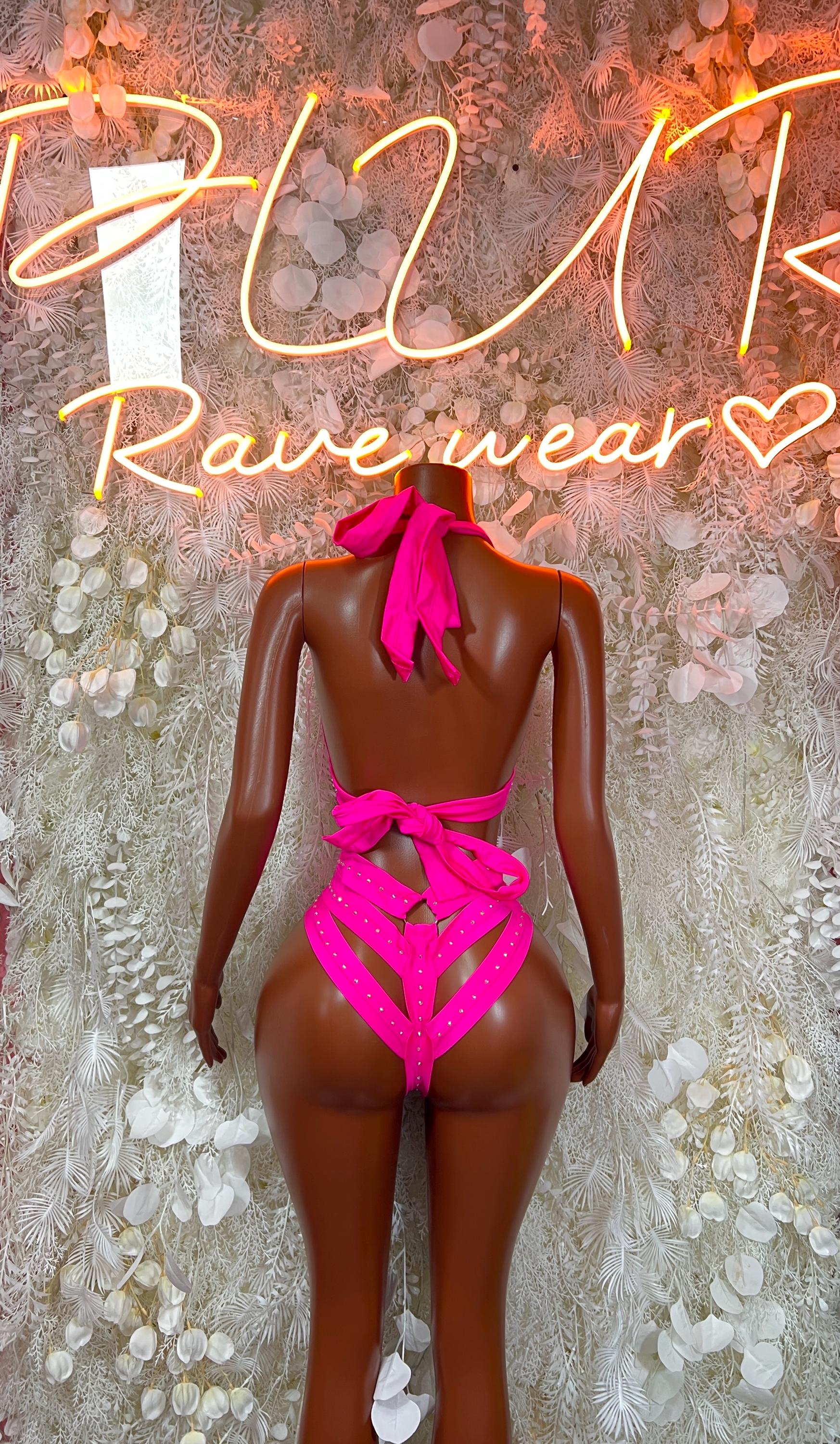 Neon pink rhinestone dance bodysuit, open back with bow tie straps