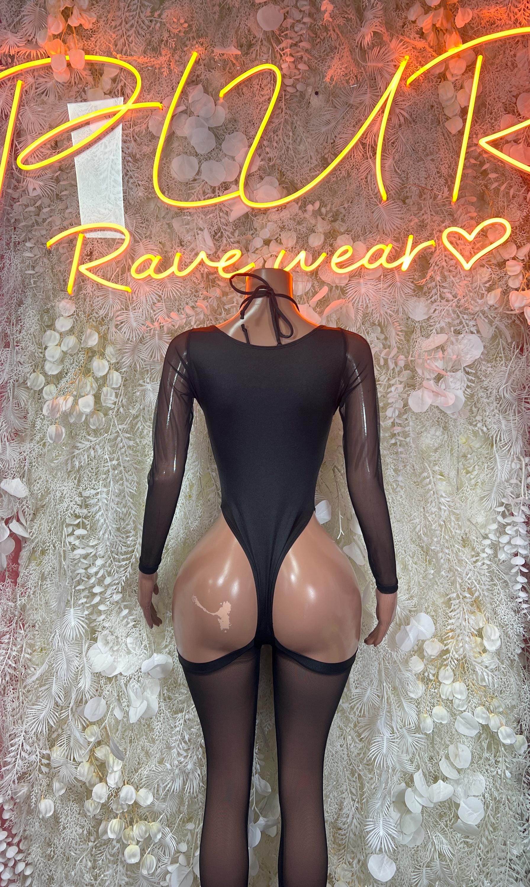 Black sheer bodysuit with crisscross lace-up neckline and high-cut leg openings