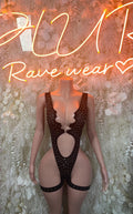 Black rhinestone bodysuit with deep V neckline and high-cut thigh straps
