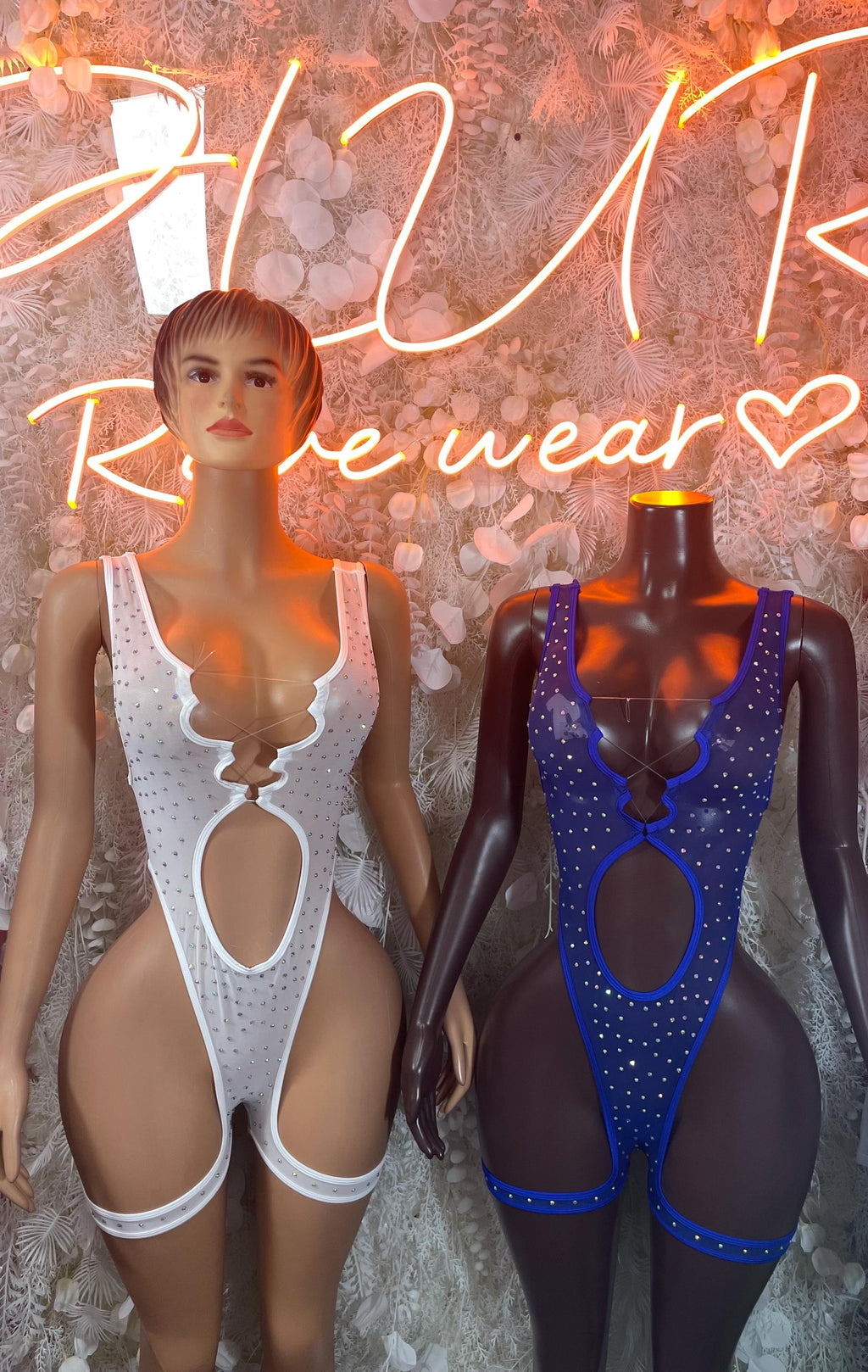 Rhinestone festival bodysuits: white and blue open-back with cutout front