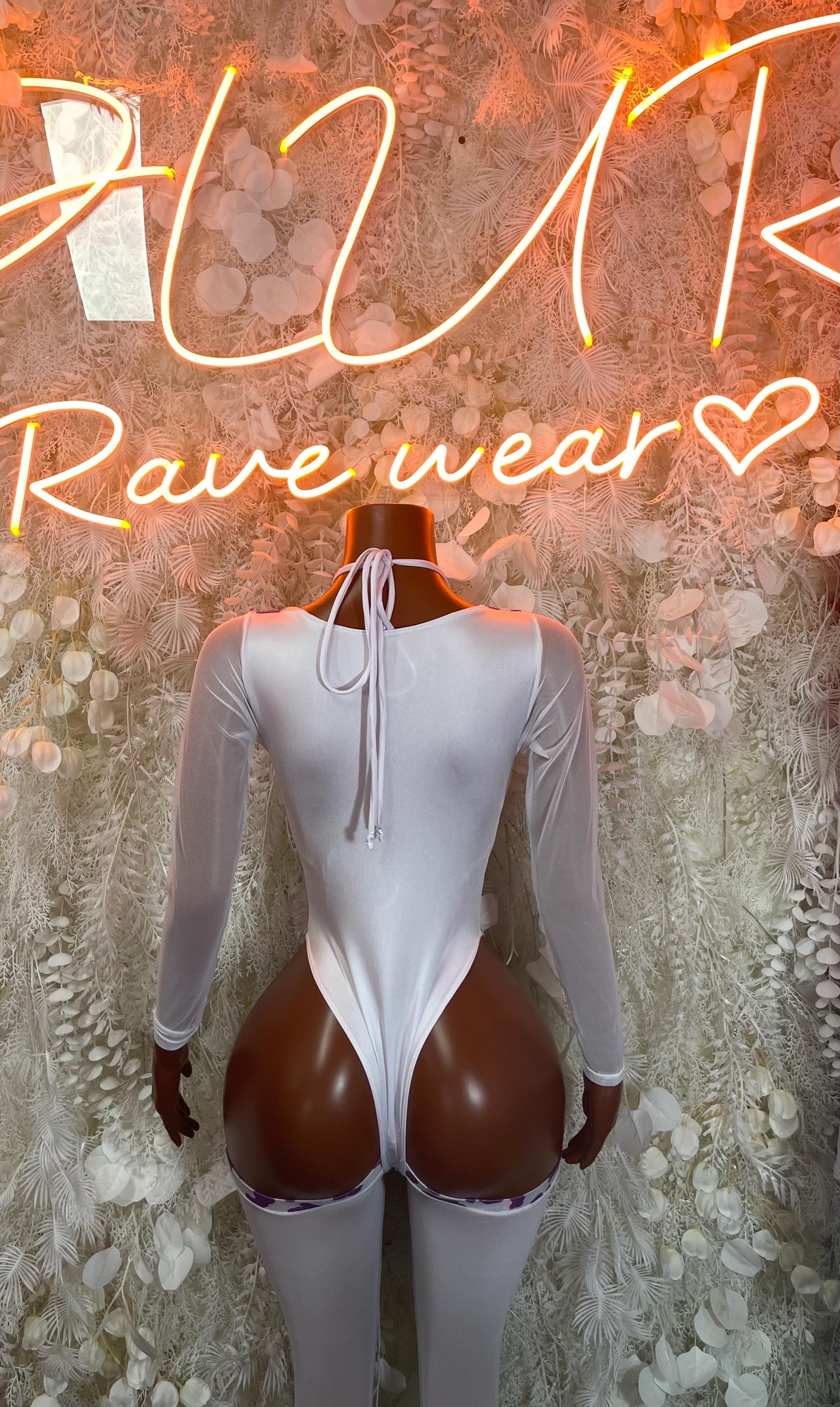 Purple cow print bodysuit, open back with tie at neck and lace-up detail, long sleeves