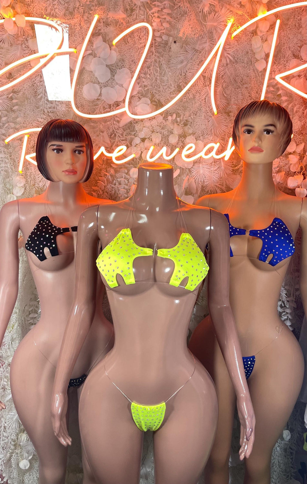 Rhinestone bikini set trio: neon yellow and blue jeweled tops and bottoms