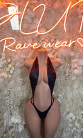 Cheetah-print thong bodysuit with halter straps and deep V front