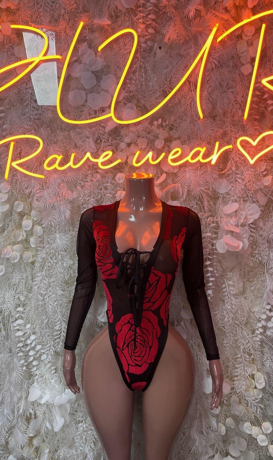 Black long-sleeve bodysuit with red rose print, high-cut one-piece