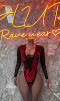 Black long-sleeve bodysuit with red rose print, high-cut one-piece