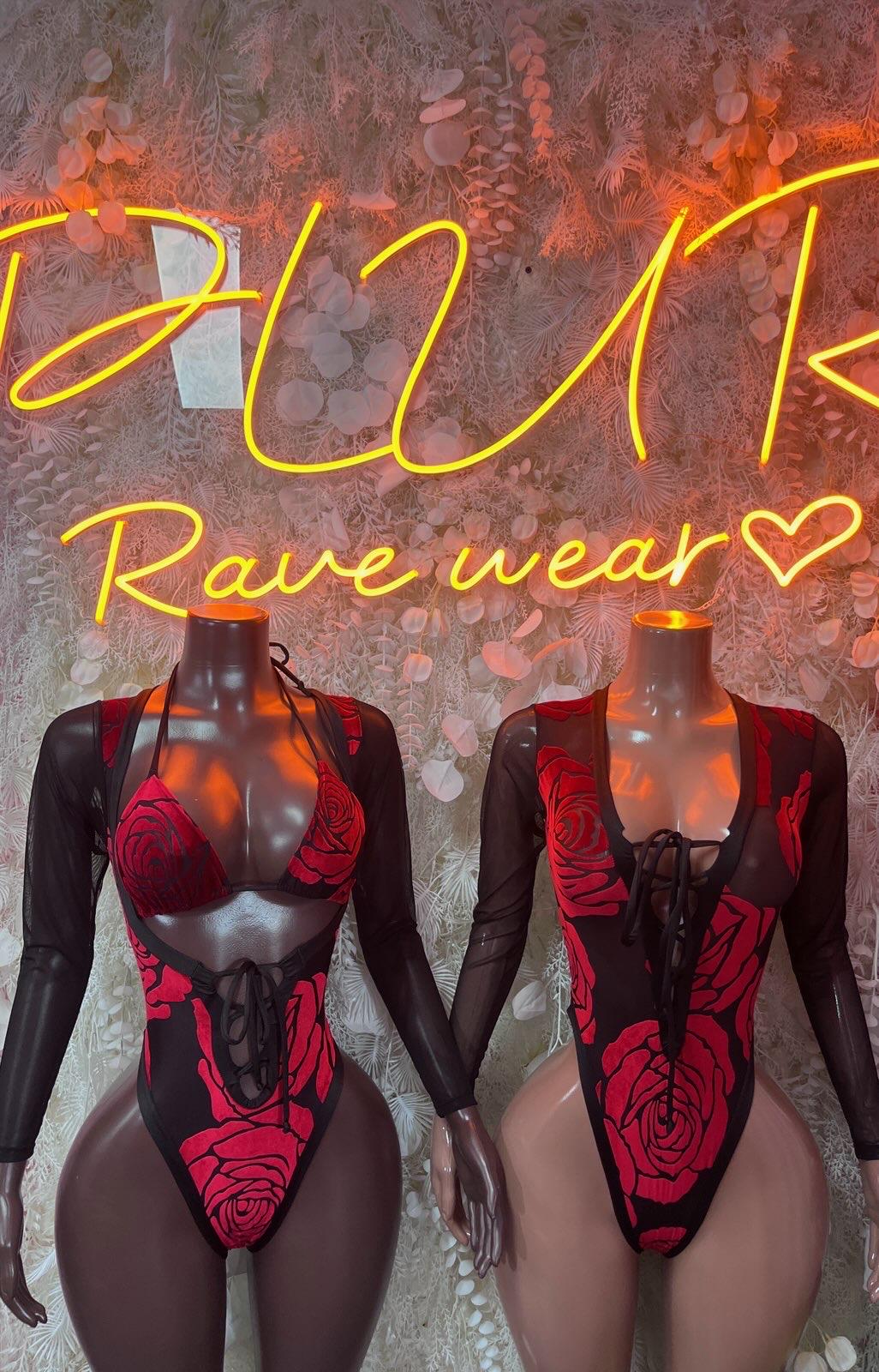 Black long-sleeve bodysuit with red rose print, high-cut one-piece