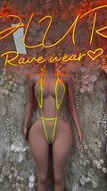 Neon green fishnet one-piece bodysuit with V-neck and thong cut