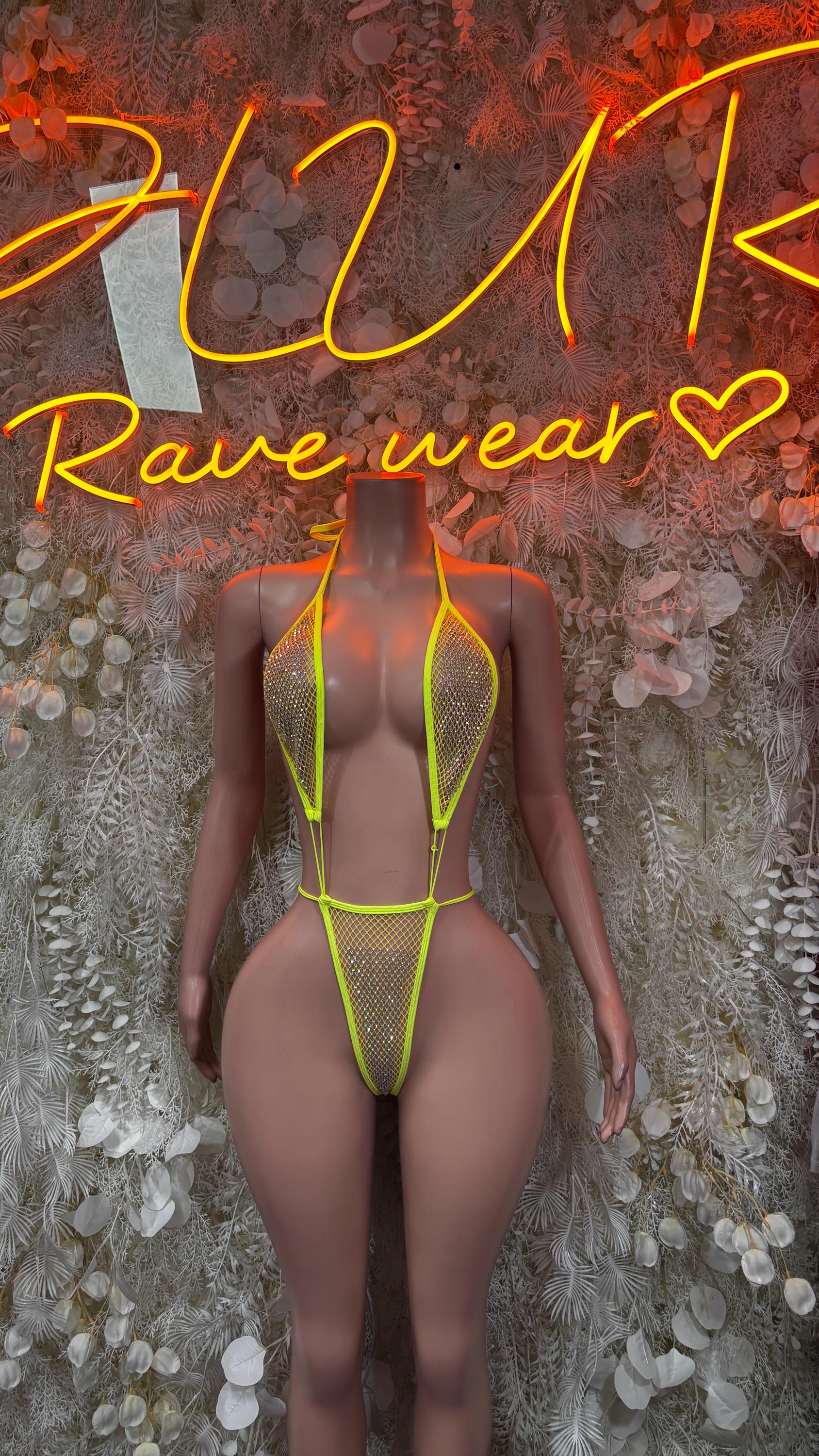 Neon green fishnet one-piece bodysuit with V-neck and thong cut