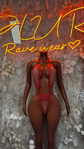 Red fishnet one-piece bodysuit with triangle cups and strappy front