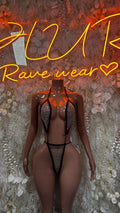Black fishnet slingshot one-piece bodysuit with halter straps and thong-style coverage