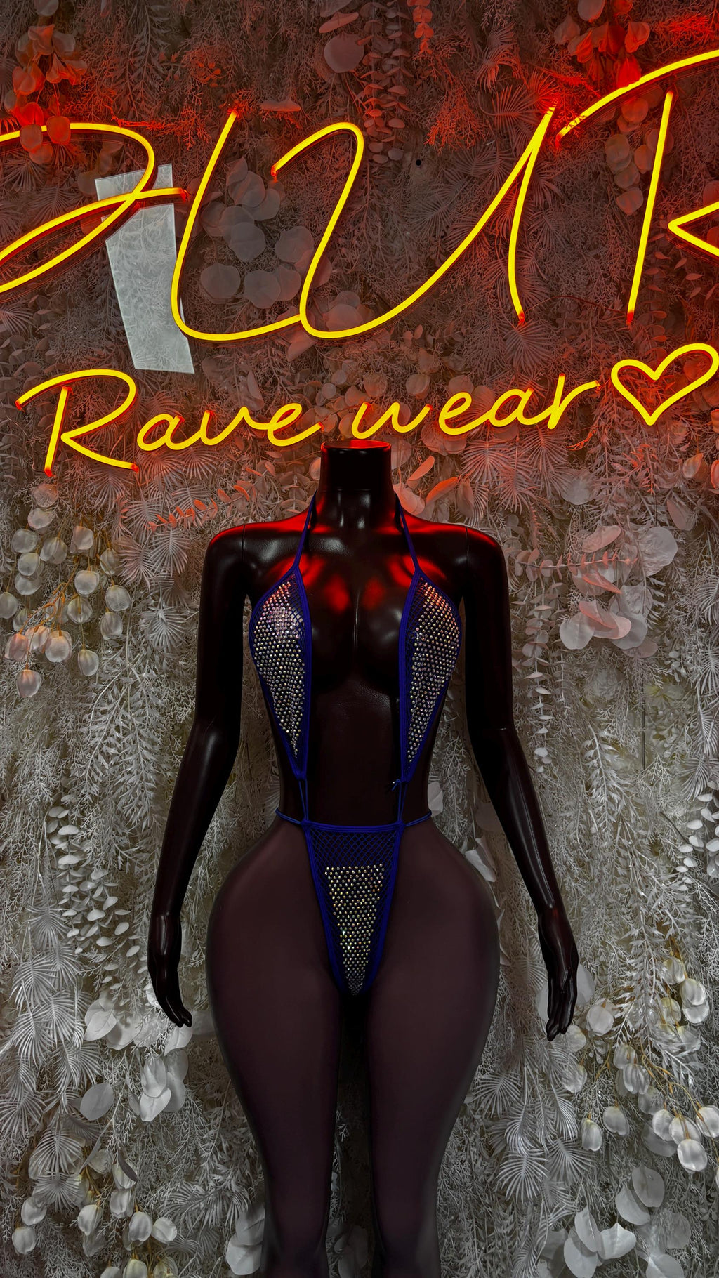 Fishnet rhinestone one-piece with blue straps, front view, long sleeves