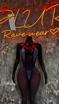 Fishnet rhinestone one-piece with blue straps, front view, long sleeves