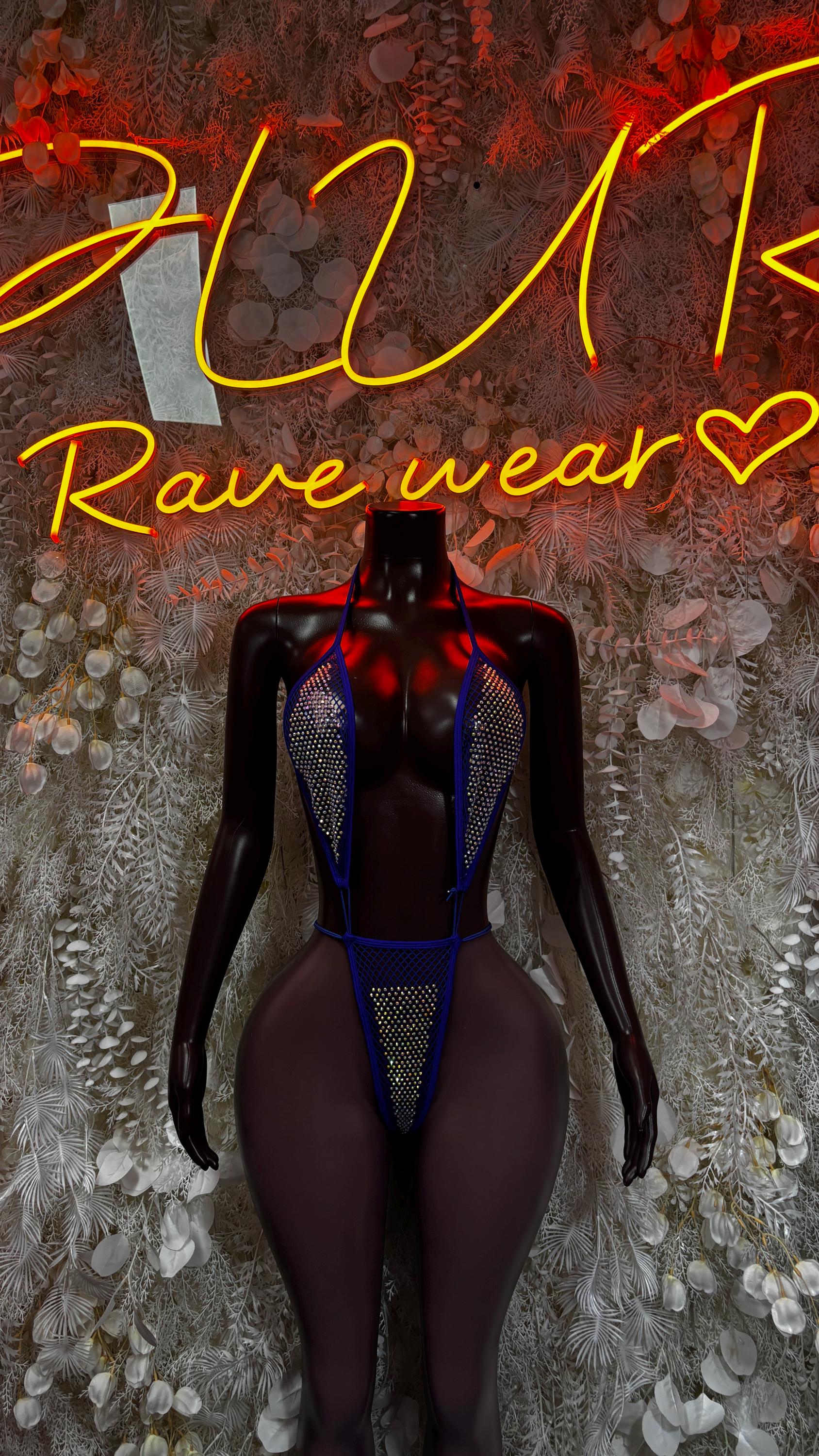 Fishnet rhinestone one-piece with blue straps, front view, long sleeves
