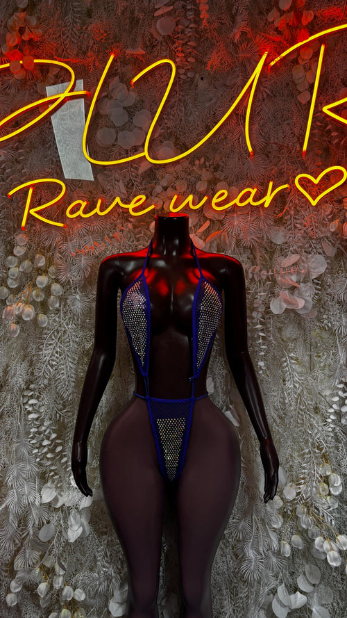 Fishnet rhinestone one-piece with blue straps, front view, long sleeves
