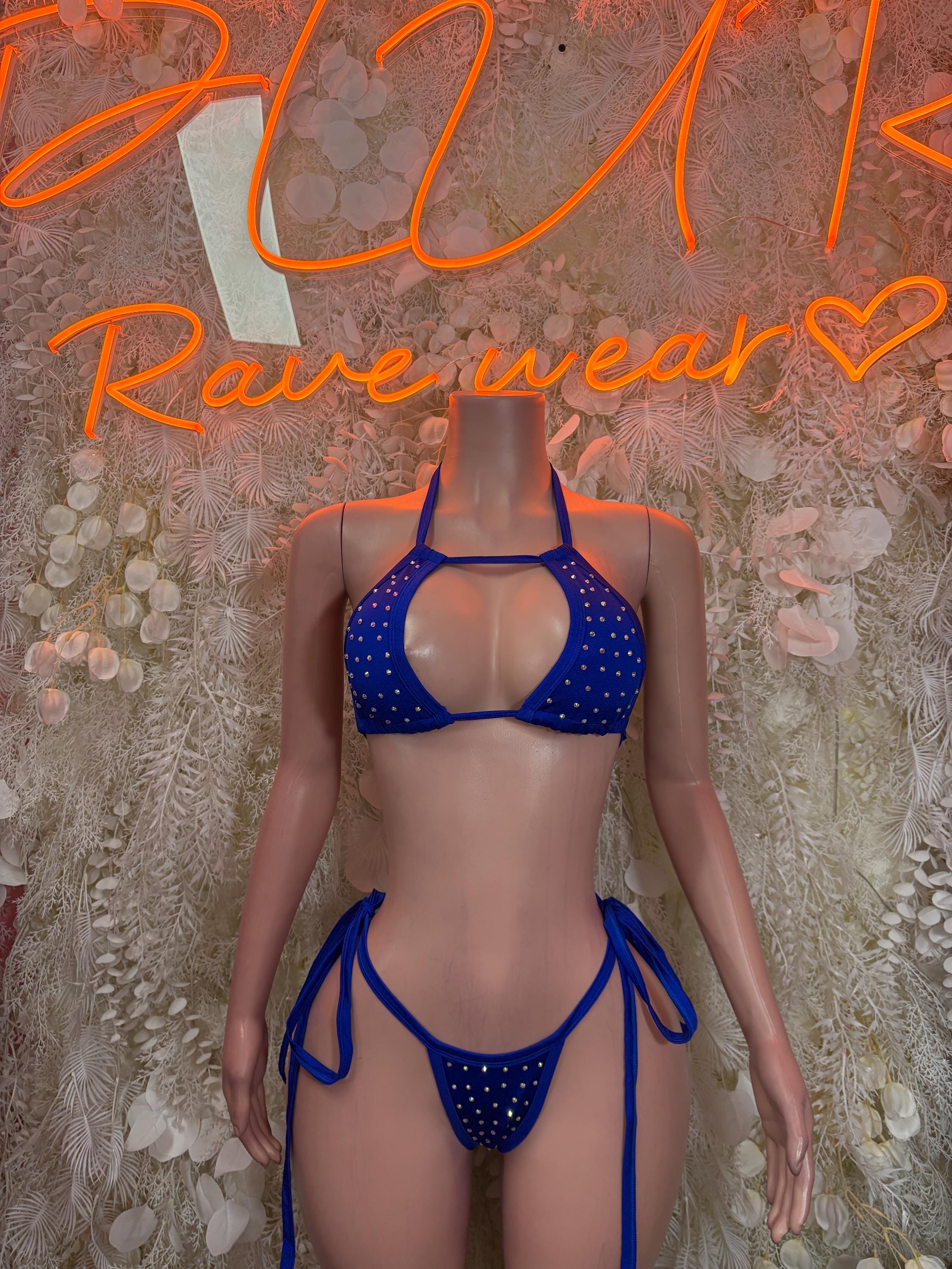 Blue rhinestone triangle bikini set with tie-back straps and matching high-cut bottoms