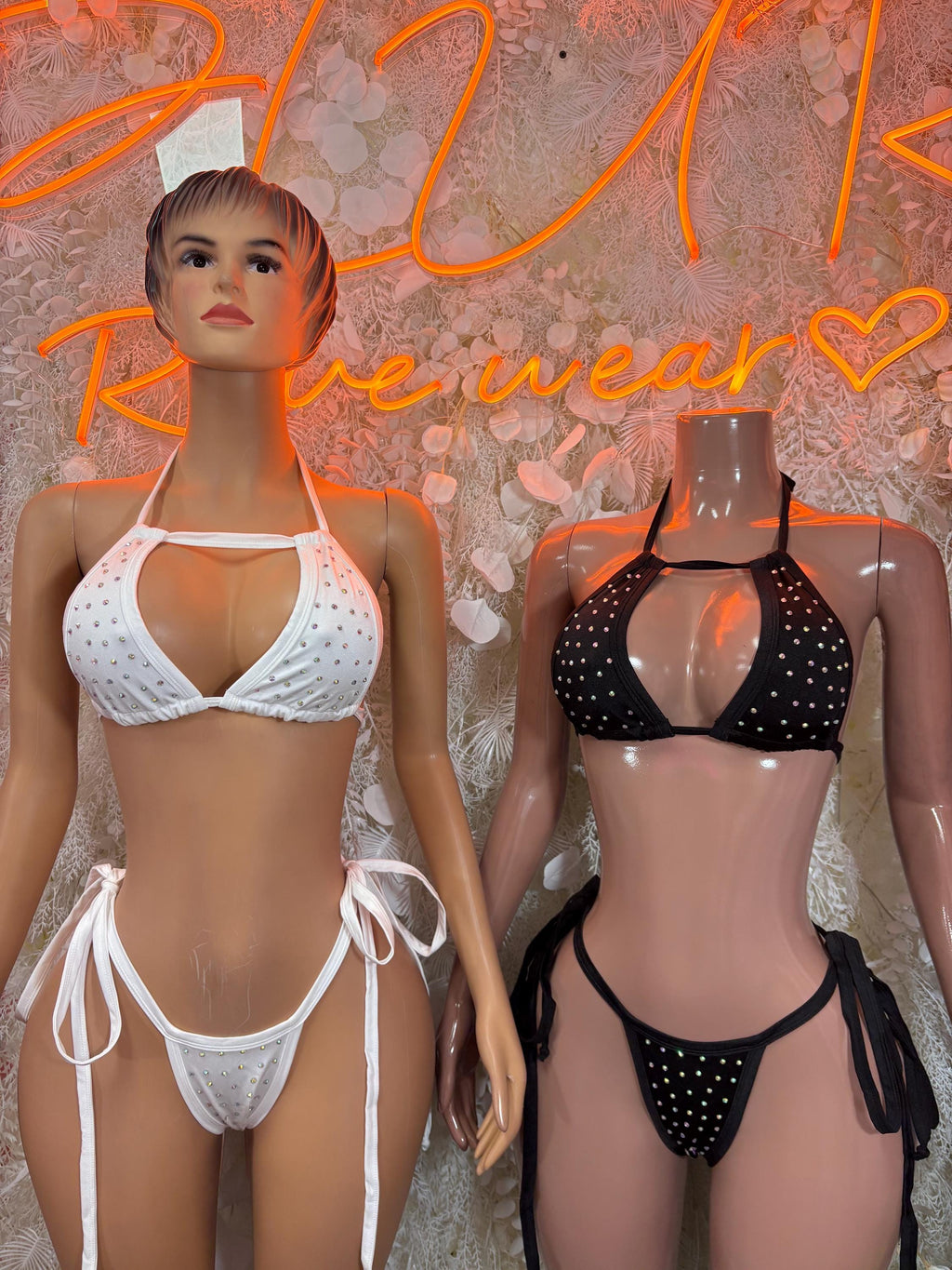 Rhinestone bikini set duo: white set and black set with triangle tops and tie bottoms