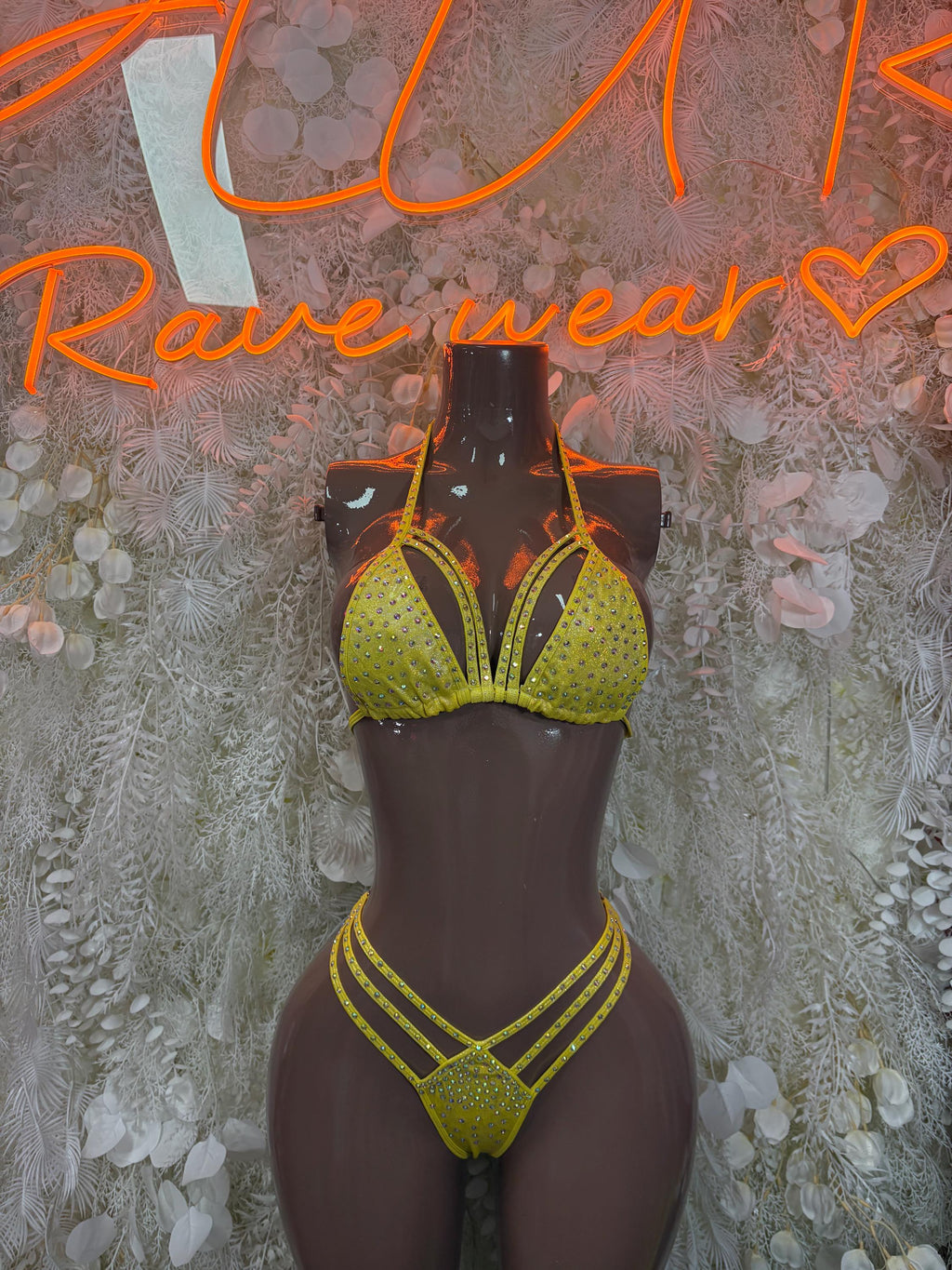 Yellow rhinestone bikini set with triangle bra and striped high-waist bottoms