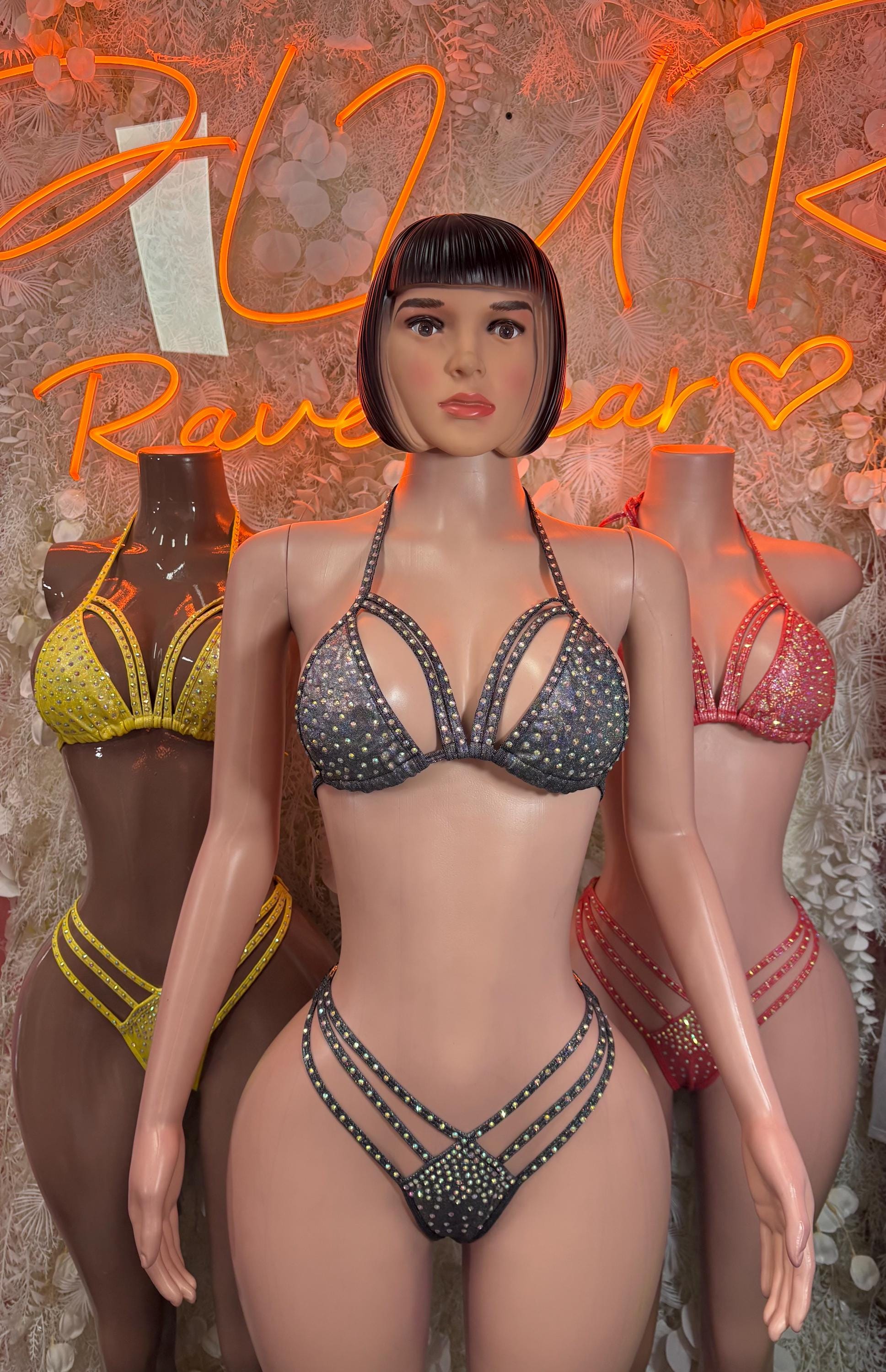Black rhinestone bikini set with sparkly halter bra and strappy high-waist bottoms