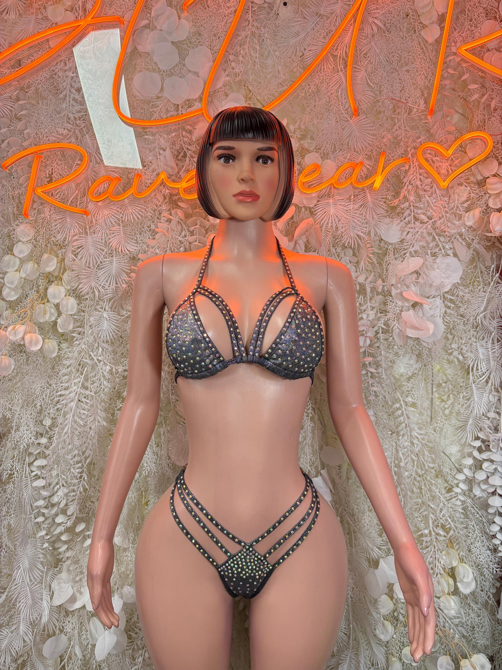 Black rhinestone bikini set with V-neck triangle bra and matching rhinestone bottoms