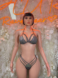 Black rhinestone bikini set with V-neck triangle bra and matching rhinestone bottoms