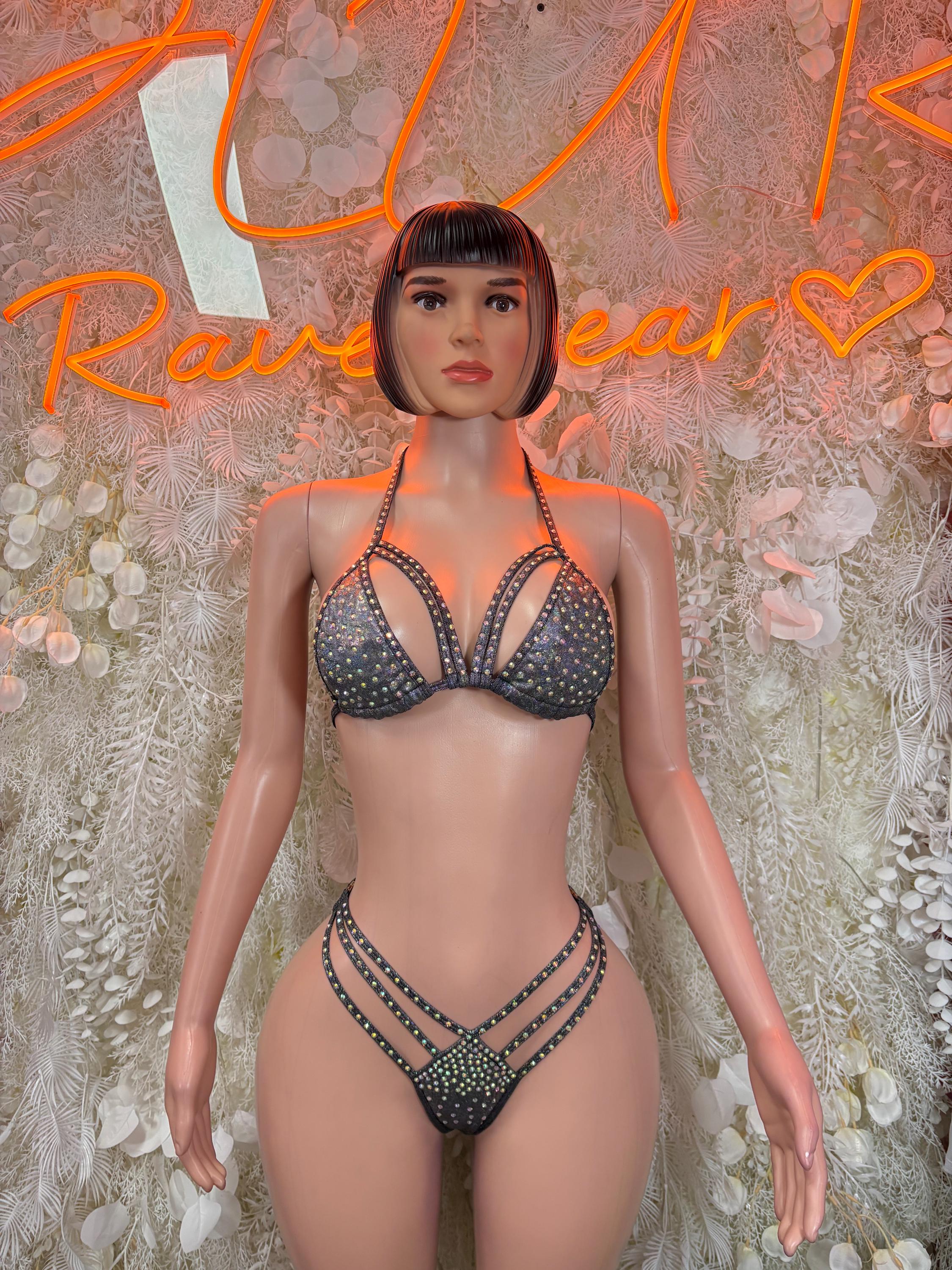 Black rhinestone bikini set with V-neck triangle bra and matching rhinestone bottoms
